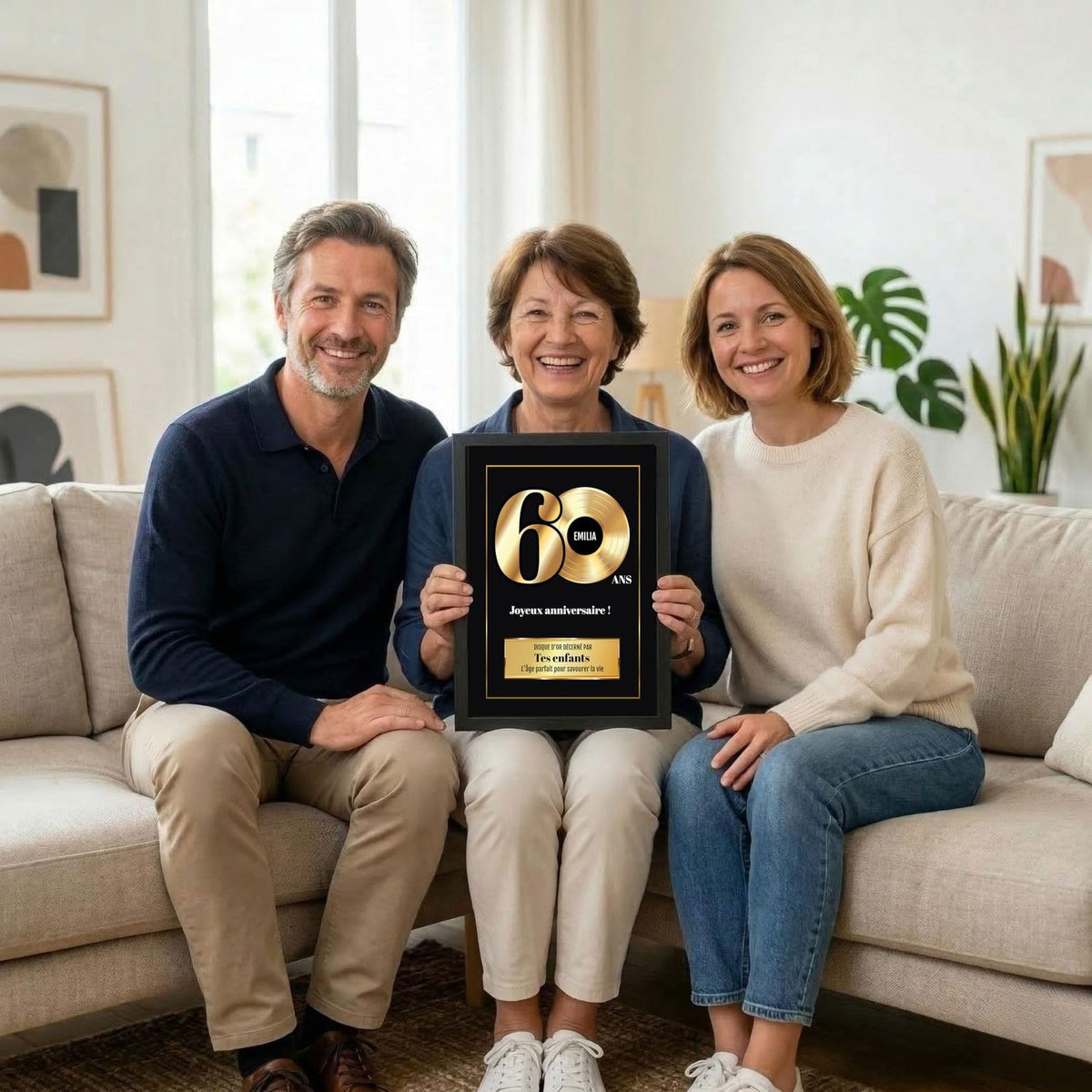 Exemple d'usage en famille : disque d'or des 60 ans en cadre noir, prénom sur le disque, signature comme « Ta famille » ou libre, livré chez vous (exemple)