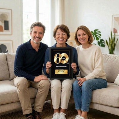 Exemple d'usage en famille : disque d'or des 60 ans en cadre noir, prénom sur le disque, signature comme « Ta famille » ou libre, livré chez vous (exemple)