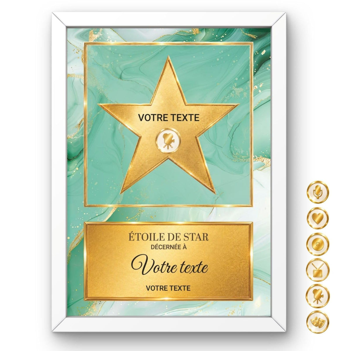 Étoile de star personnalisée façon Walk of Fame : étoile dorée sur marbre vert en cadre blanc, prénom, pictogramme parmi six et message au choix, imprimée et livrée chez vous (exemple)