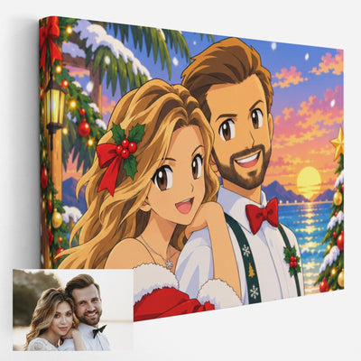 Création personnalisée : votre photo devient une scène de Noël style manga animé japonais en format paysage, habillage de fête et lumières, sur toile canvas, livrée chez vous (exemple)