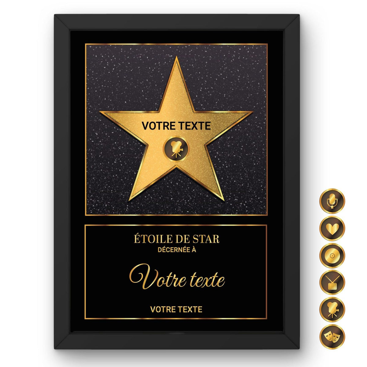 Étoile de star personnalisée façon Walk of Fame : étoile dorée sur fond noir étoilé en cadre noir, prénom, pictogramme parmi six et message au choix, imprimée et livrée chez vous (exemple)
