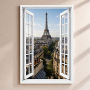 Trompe-l'œil sur Paris : une avenue haussmannienne qui file vers la tour Eiffel, par une fenêtre blanche à petits carreaux ouverte, sur toile canvas tendue ou plexiglas, livré chez vous (exemple)