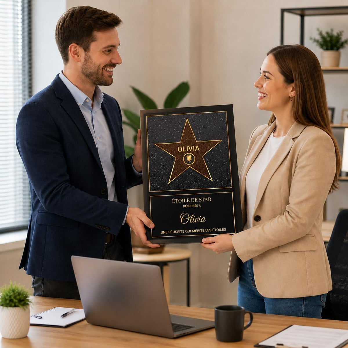 Exemple d'usage au bureau : l'étoile orange façon Walk of Fame en cadre noir pour saluer une réussite, prénom et message personnalisés, imprimée et livrée chez vous (exemple)