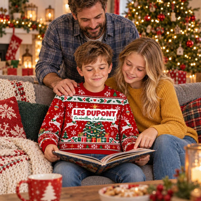 Sweat de Noël moche garçon personnalisé, nom de famille, rouge