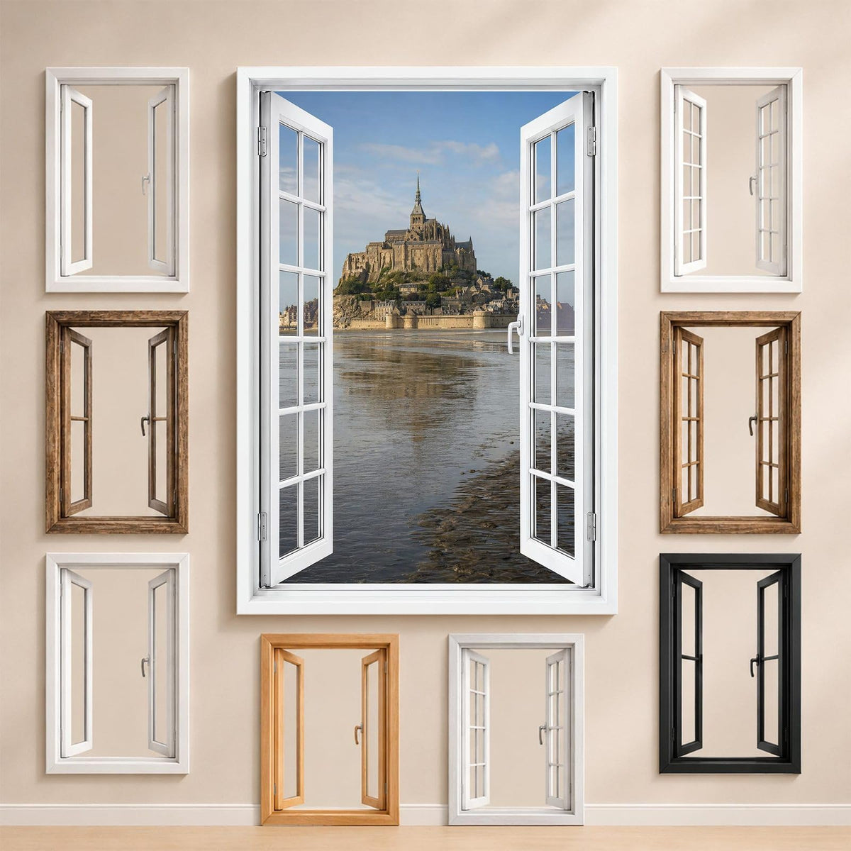 La vue sur le Mont-Saint-Michel et les styles de fenêtre proposés pour l'encadrer : bois, PVC blanc, alu noir ou sans fenêtre, imprimée sur toile ou plexiglas puis livrée (exemple)
