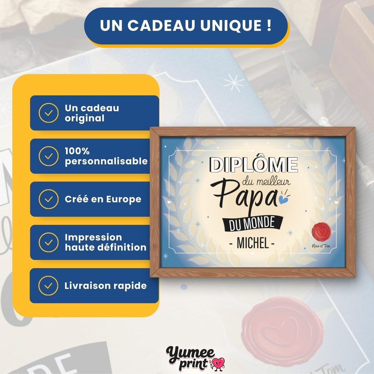 Diplôme « du meilleur papa du monde » en cadre effet bois : un cadeau original, personnalisable avec son prénom et votre signature, livré chez vous (exemple)