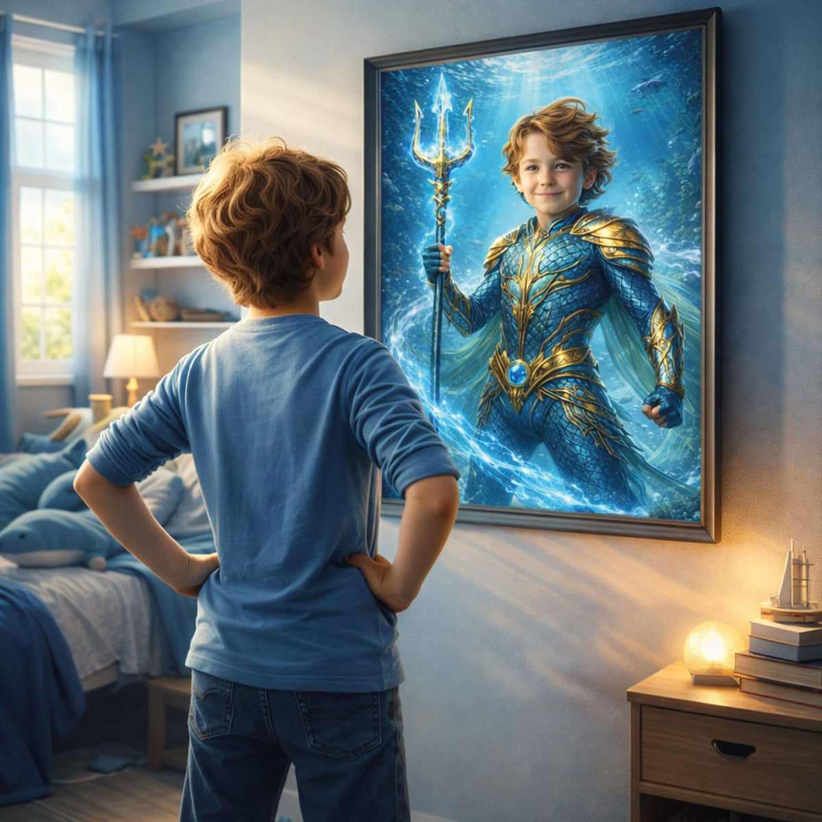 Création personnalisée : votre enfant en héros des océans d'après sa photo, son visage gardé, armure bleu et or, accrochée dans une chambre, imprimée et livrée chez vous (exemple)