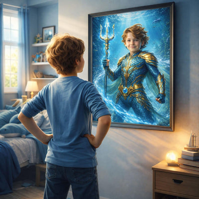 Création personnalisée : votre enfant en héros des océans d'après sa photo, son visage gardé, armure bleu et or, accrochée dans une chambre, imprimée et livrée chez vous (exemple)