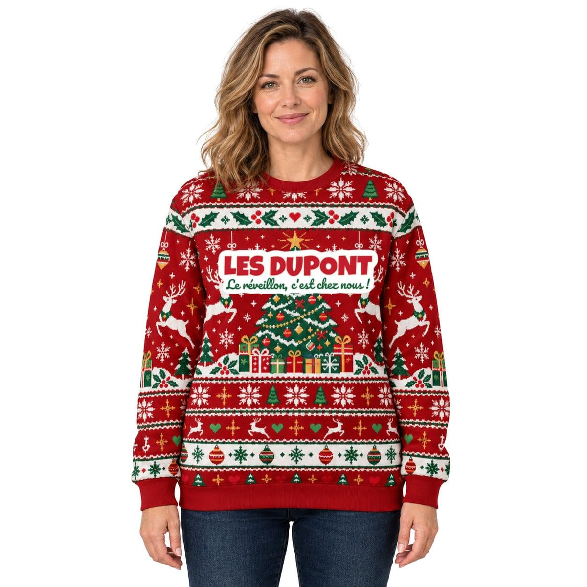 Sweat de Noël moche femme personnalisé, nom de famille, rouge