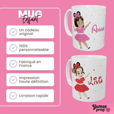Mug enfant, un cadeau original et personnalisable : personnage et prénom au choix, imprimés sur céramique blanche compatible lave-vaisselle et micro-ondes