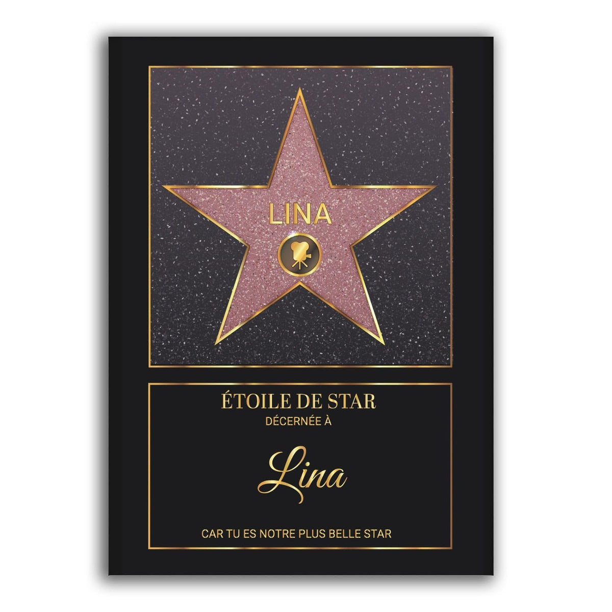 Création façon Walk of Fame : étoile rouge pailletée sur fond noir, prénom, pictogramme et message ; imprimée et livrée chez vous en affiche (poster), toile canvas, cadre ou plexiglas (exemple)