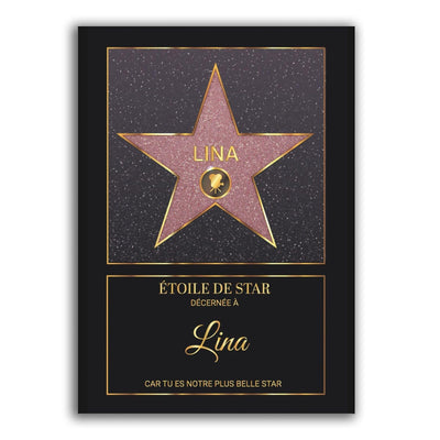 Création façon Walk of Fame : étoile rouge pailletée sur fond noir, prénom, pictogramme et message ; imprimée et livrée chez vous en affiche (poster), toile canvas, cadre ou plexiglas (exemple)