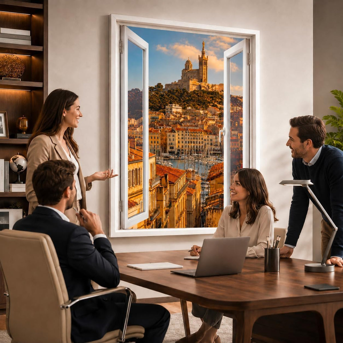Idée d'usage dans un bureau : la vue sur le Vieux-Port de Marseille ouvre le mur comme une vraie fenêtre, style de fenêtre au choix, toile canvas ou plexiglas, livré chez vous (exemple)