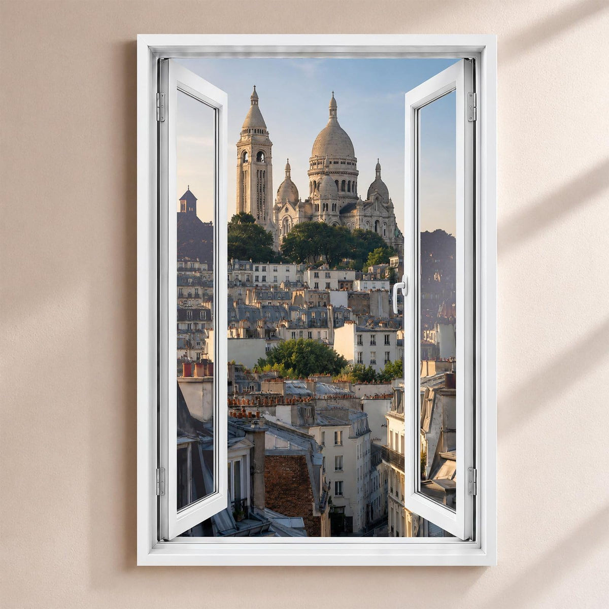 Trompe-l'œil sur Paris : le Sacré-Cœur qui domine les toits de la butte Montmartre, par une fenêtre blanche ouverte, sur toile canvas tendue ou plexiglas, livré chez vous (exemple)