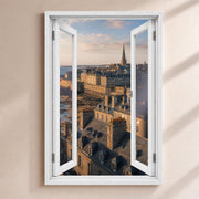 Trompe-l'œil sur Saint-Malo : les remparts et les toits de la ville close face à la mer, par une fenêtre blanche ouverte, sur toile canvas tendue ou plexiglas, livré chez vous (exemple)