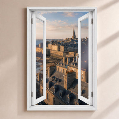 Trompe-l'œil sur Saint-Malo : les remparts et les toits de la ville close face à la mer, par une fenêtre blanche ouverte, sur toile canvas tendue ou plexiglas, livré chez vous (exemple)