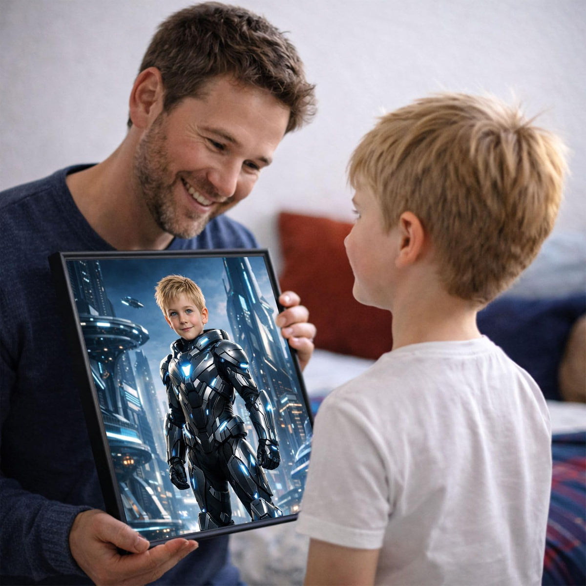Exemple d'usage possible : votre enfant en héros high-tech d'après sa photo, son visage gardé, portrait offert en famille dans son cadre ; imprimé puis livré chez vous (exemple)