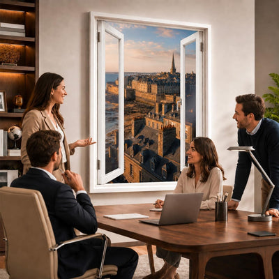 Idée d'usage dans un bureau : la vue sur Saint-Malo ouvre le mur comme une vraie fenêtre, style de fenêtre au choix, toile canvas ou plexiglas, livré chez vous (exemple)