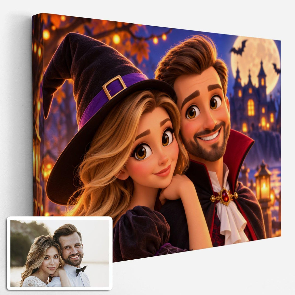Création personnalisée : vous envoyez votre photo, elle devient une scène d'Halloween façon film d'animation 3D en format paysage, imprimée sur toile canvas puis livrée chez vous (exemple)