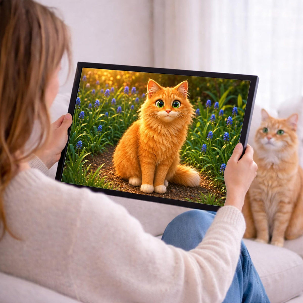 Votre photo devient un portrait animation 3D en format paysage, ici en cadre noir tenu en main ; cadre noir, blanc, bois clair ou bois foncé au choix, livré chez vous (exemple)