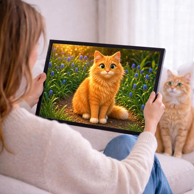 Votre photo devient un portrait animation 3D en format paysage, ici en cadre noir tenu en main ; cadre noir, blanc, bois clair ou bois foncé au choix, livré chez vous (exemple)