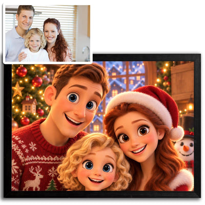 La photo d'origine en vignette et sa version de Noël en dessin animé 3D, pull à motifs, bonnet rouge et sapin illuminé, encadrée de noir au format paysage, livrée chez vous (exemple)