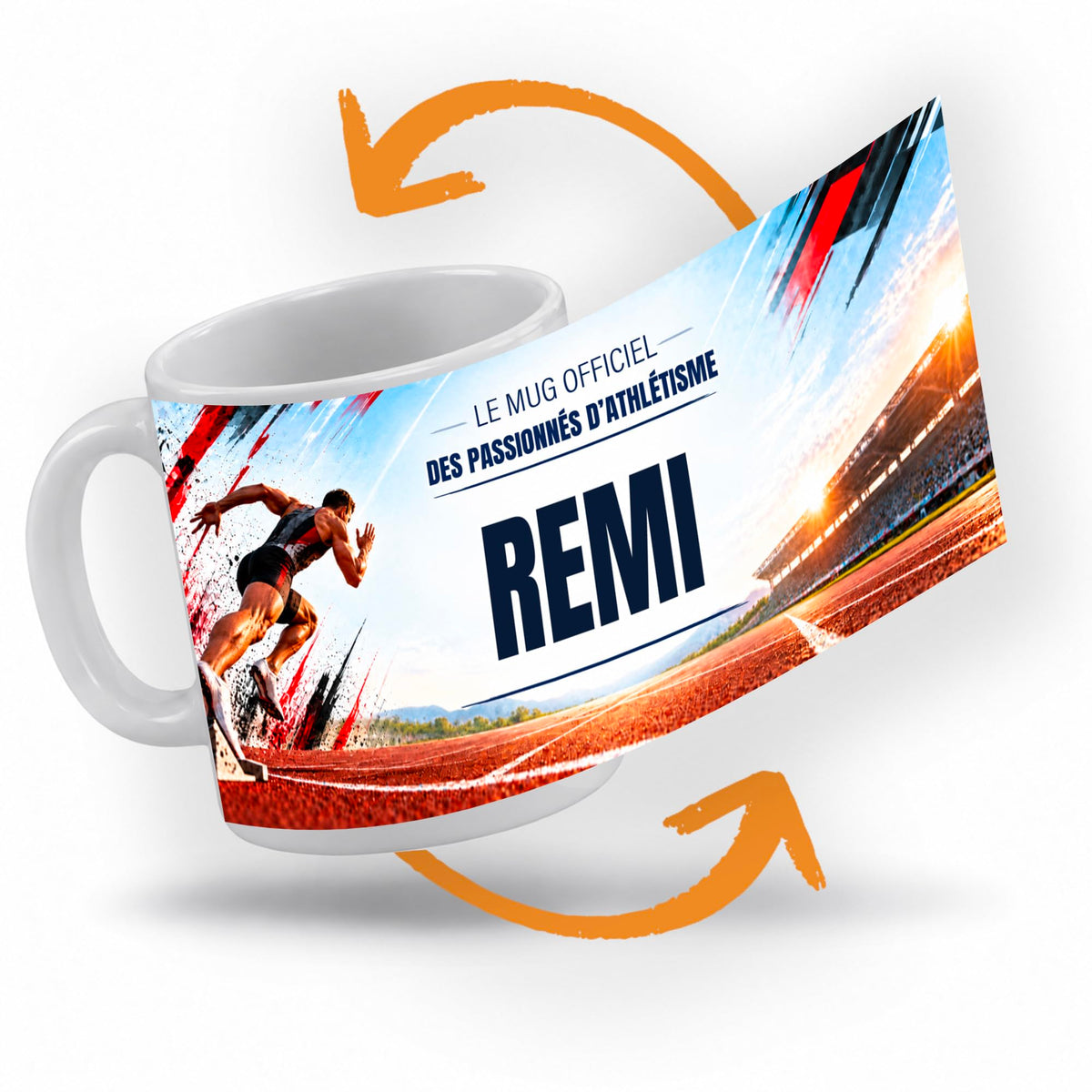 Décor athlétisme déroulé à 360° autour du mug : la piste rouge et un stade au couchant, touches rouges et noires, votre texte et son prénom au centre ; imprimé puis livré chez vous (exemple)