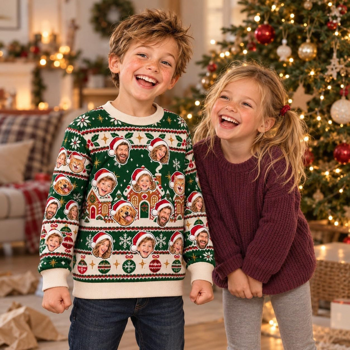 Sweat de Noël enfant vert sapin à visages porté près du sapin illuminé : une photo par visage, jusqu'à huit, répétés sur tout le tissu, imprimé et livré chez vous (exemple)