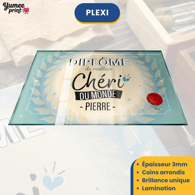 Diplôme « du meilleur chéri du monde » sur plexiglas de 3 mm aux coins arrondis, finition brillante, avec son prénom et votre signature, livré chez vous (exemple)
