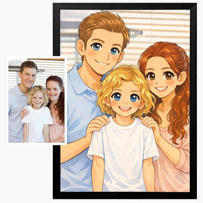 Portrait style manga d'après votre photo, grands yeux brillants et teintes pastel, présenté en cadre noir à côté de la photo d'origine, imprimé puis livré chez vous (exemple)