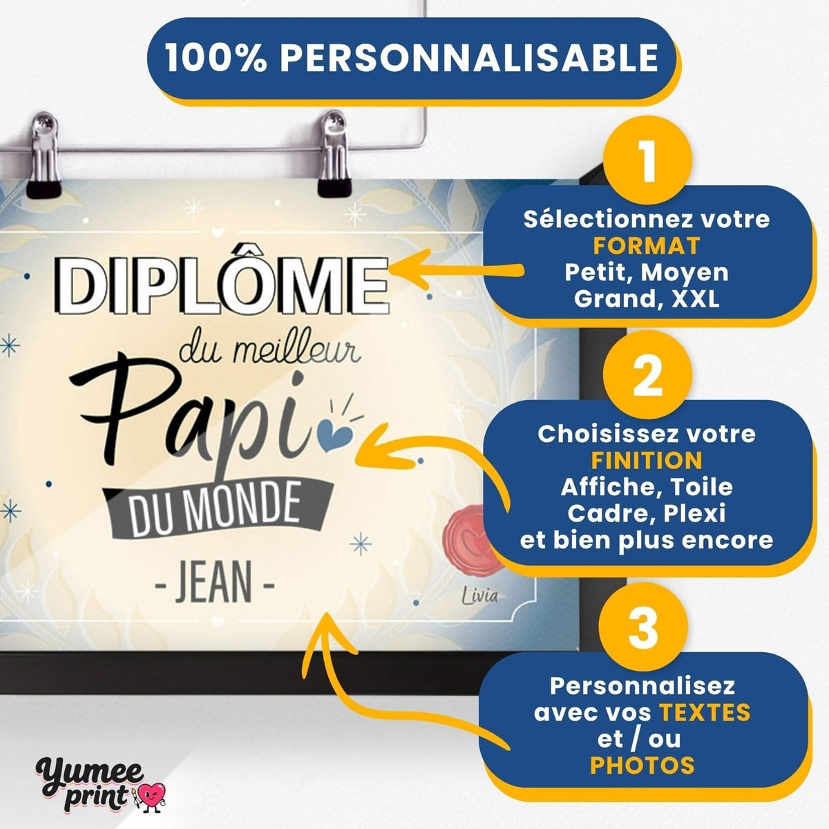 Personnalisez le diplôme « du meilleur papi » en trois étapes : format, finition puis textes, avec son prénom et votre signature, imprimé et livré chez vous (exemple)