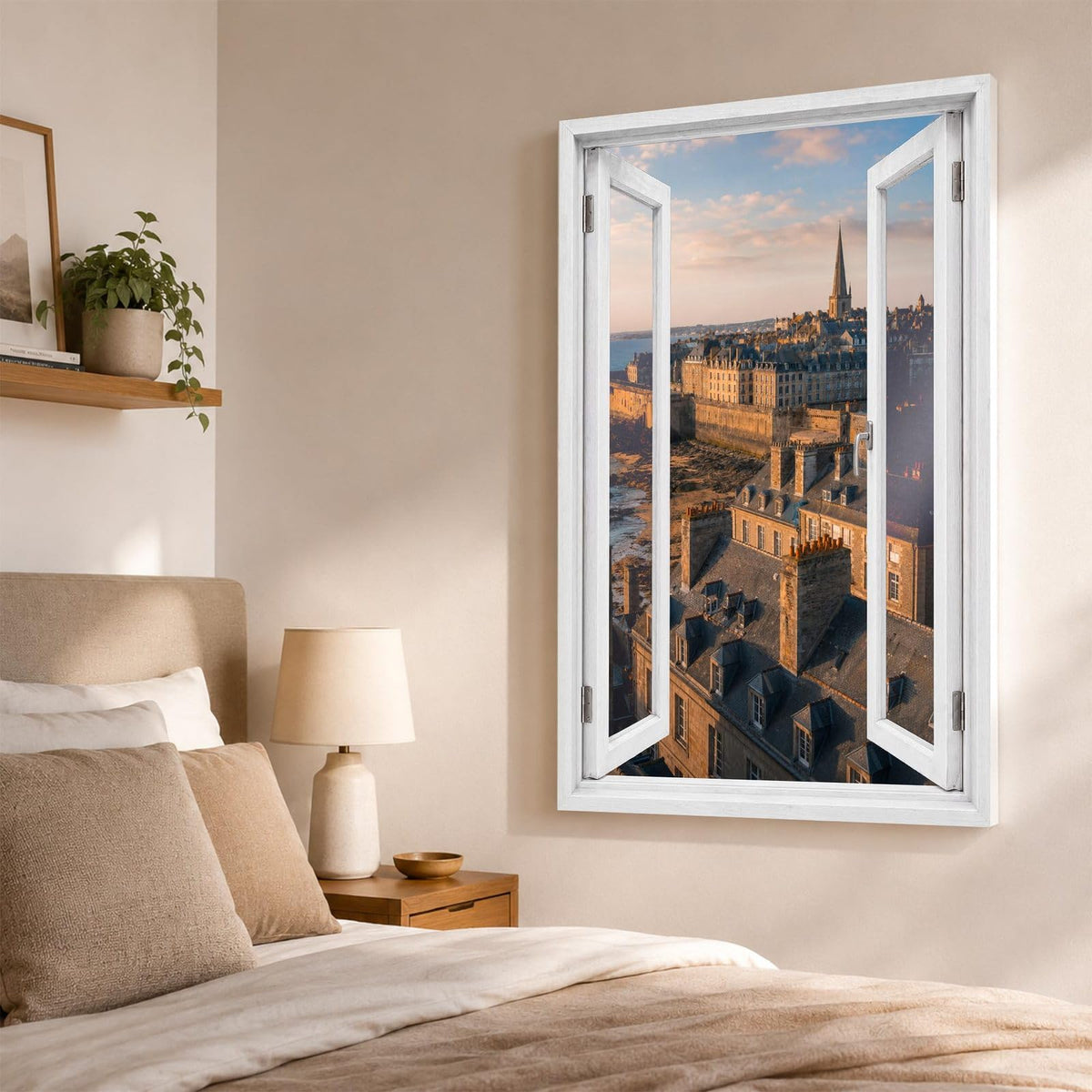 Trompe-l'œil sur Saint-Malo dans une chambre, remparts et ville close en perspective, sur toile canvas ou plexiglas en 60 x 40 cm, 80 x 60 cm ou 120 x 80 cm, livré chez vous (exemple)