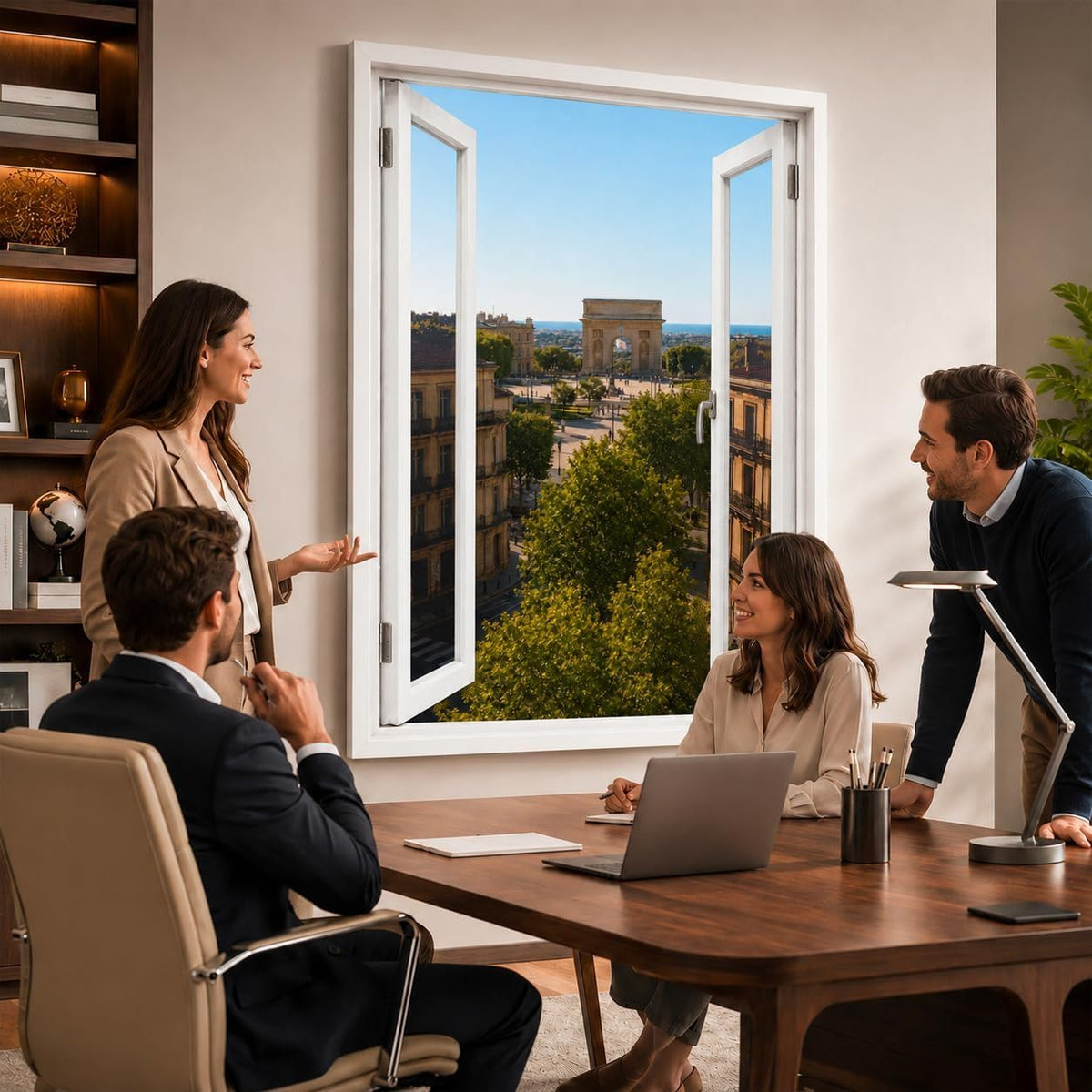 Idée d'usage dans un bureau : la vue sur Montpellier ouvre le mur comme une vraie fenêtre, style de fenêtre au choix, toile canvas ou plexiglas, livré chez vous (exemple)