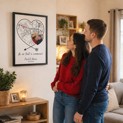 Carte en cœur sur fond blanc avec votre photo, accrochée au mur en cadre noir : votre lieu marqué d'une épingle, vos prénoms et votre date, livrés chez vous (exemple)