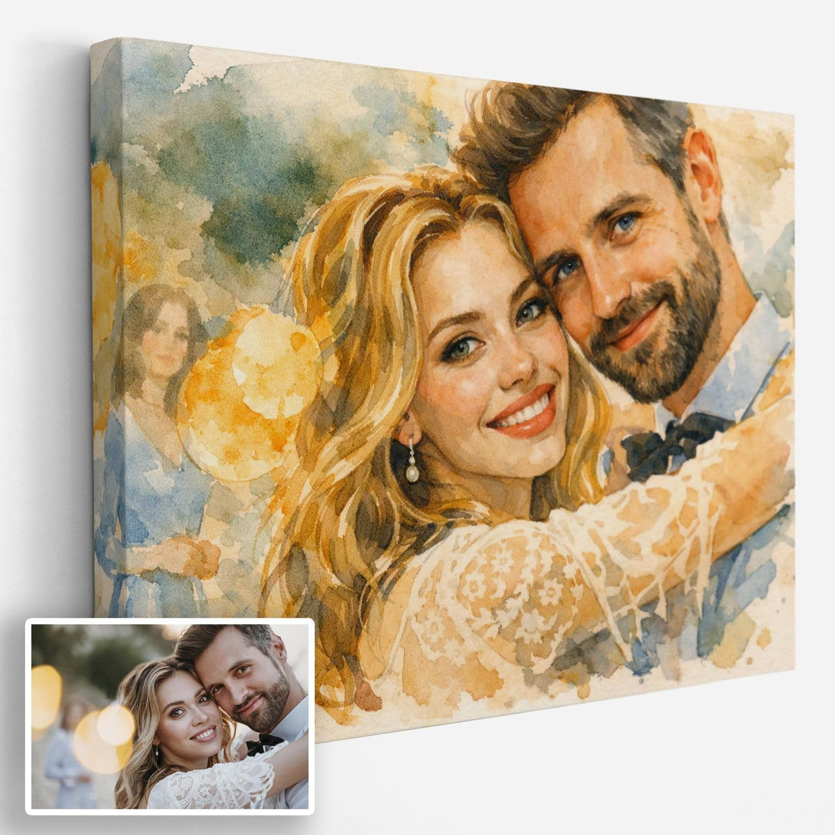 Création personnalisée en paysage : votre photo devient un portrait à l'aquarelle, nuances dorées et taches transparentes, imprimé sur toile canvas puis livré chez vous (exemple)