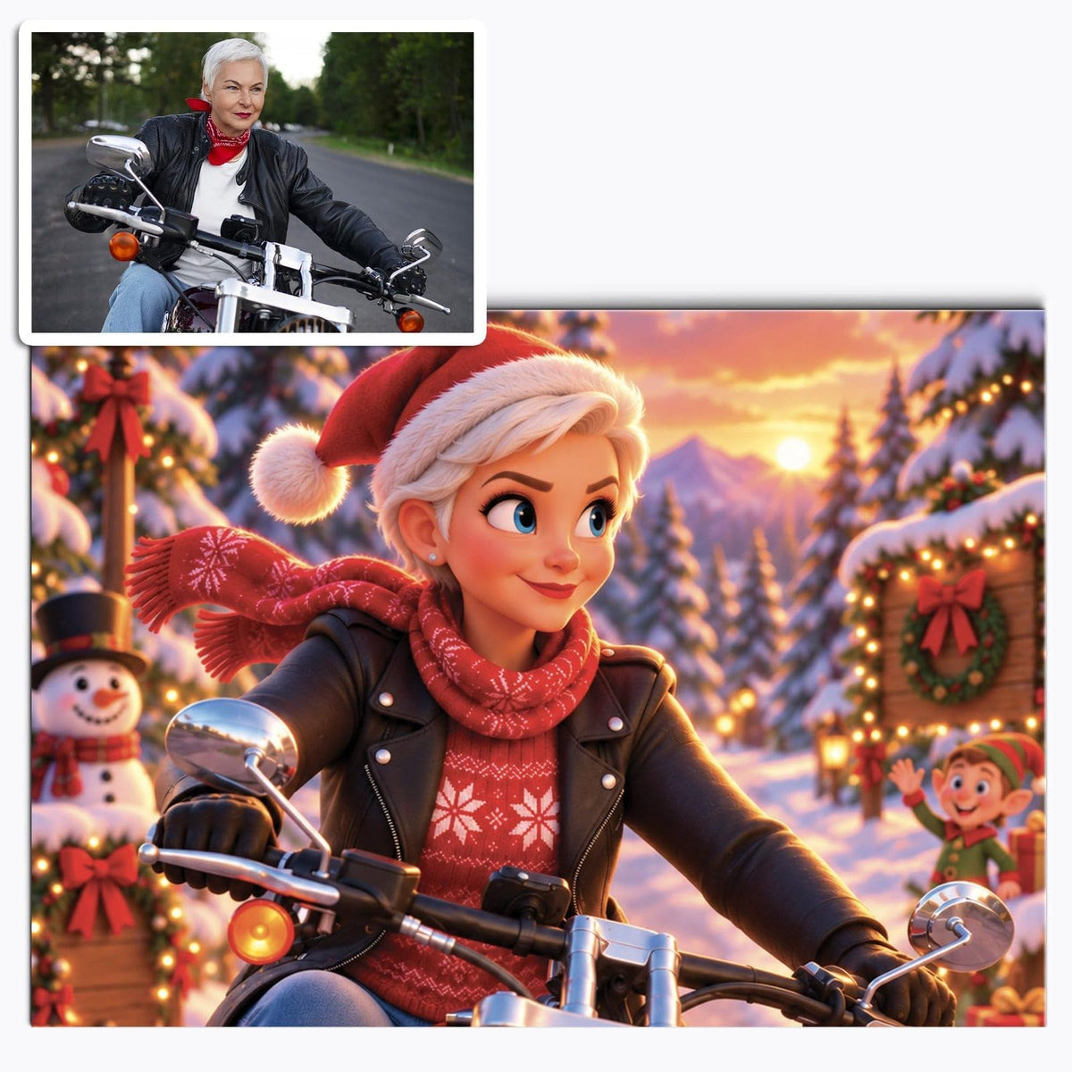 Votre photo transformée en dessin animé 3D de Noël, bonnet, écharpe et décor enneigé, imprimée en affiche (poster) au format paysage puis livrée chez vous (exemple)