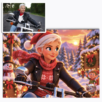 Votre photo transformée en dessin animé 3D de Noël, bonnet, écharpe et décor enneigé, imprimée en affiche (poster) au format paysage puis livrée chez vous (exemple)