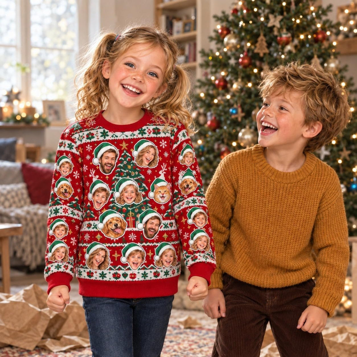 Sweat de Noël enfant rouge à visages porté devant le sapin, un exemple pour les fêtes : vous choisissez sa taille et le nombre de visages, imprimé et livré chez vous (exemple)