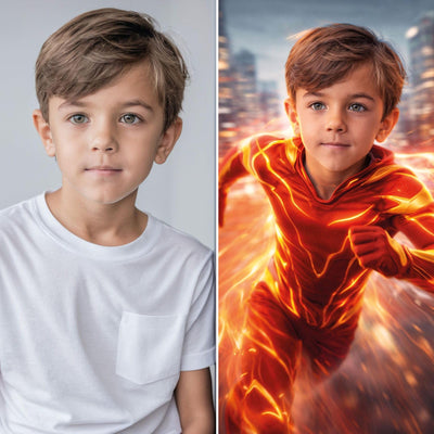 Avant, après côte à côte : la photo de votre enfant et sa version héros de la vitesse, son visage gardé, combinaison rouge à éclairs ; imprimée puis livrée chez vous (exemple)