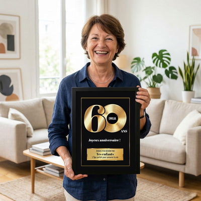 Exemple d'usage : le disque d'or des 60 ans en cadre noir, tenu en souvenir ; son prénom sur le disque, votre signature et un message, livré chez vous (exemple)