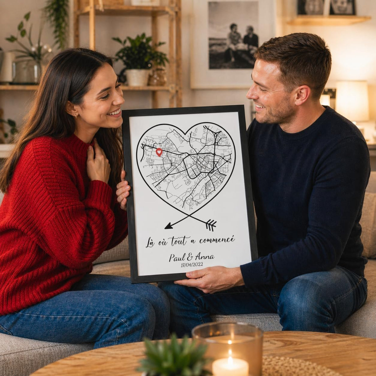 Carte de votre lieu en cœur sur fond blanc, en cadre noir, tenue par un couple dans un salon : un exemple de cadeau avec votre phrase, vos prénoms et votre date, livré chez vous (exemple)