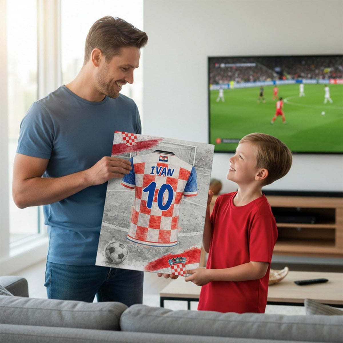 Exemple d'usage : le maillot de la Croatie à votre nom et numéro, offert devant un match ; style de flocage au choix, livré chez vous en affiche (poster), toile canvas, cadre ou plexiglas (exemple)