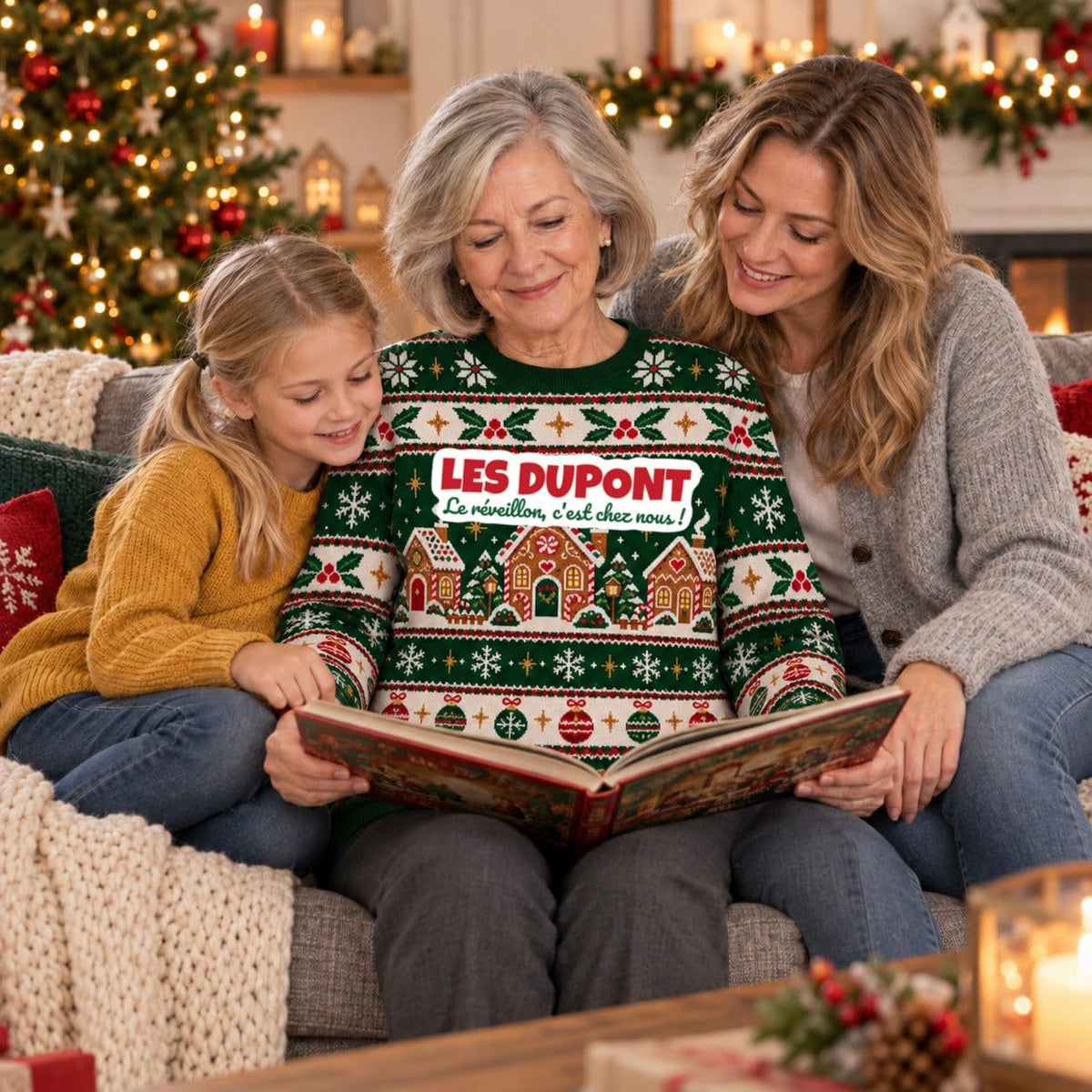 Sweat de Noël moche femme personnalisé, nom de famille, vert sapin