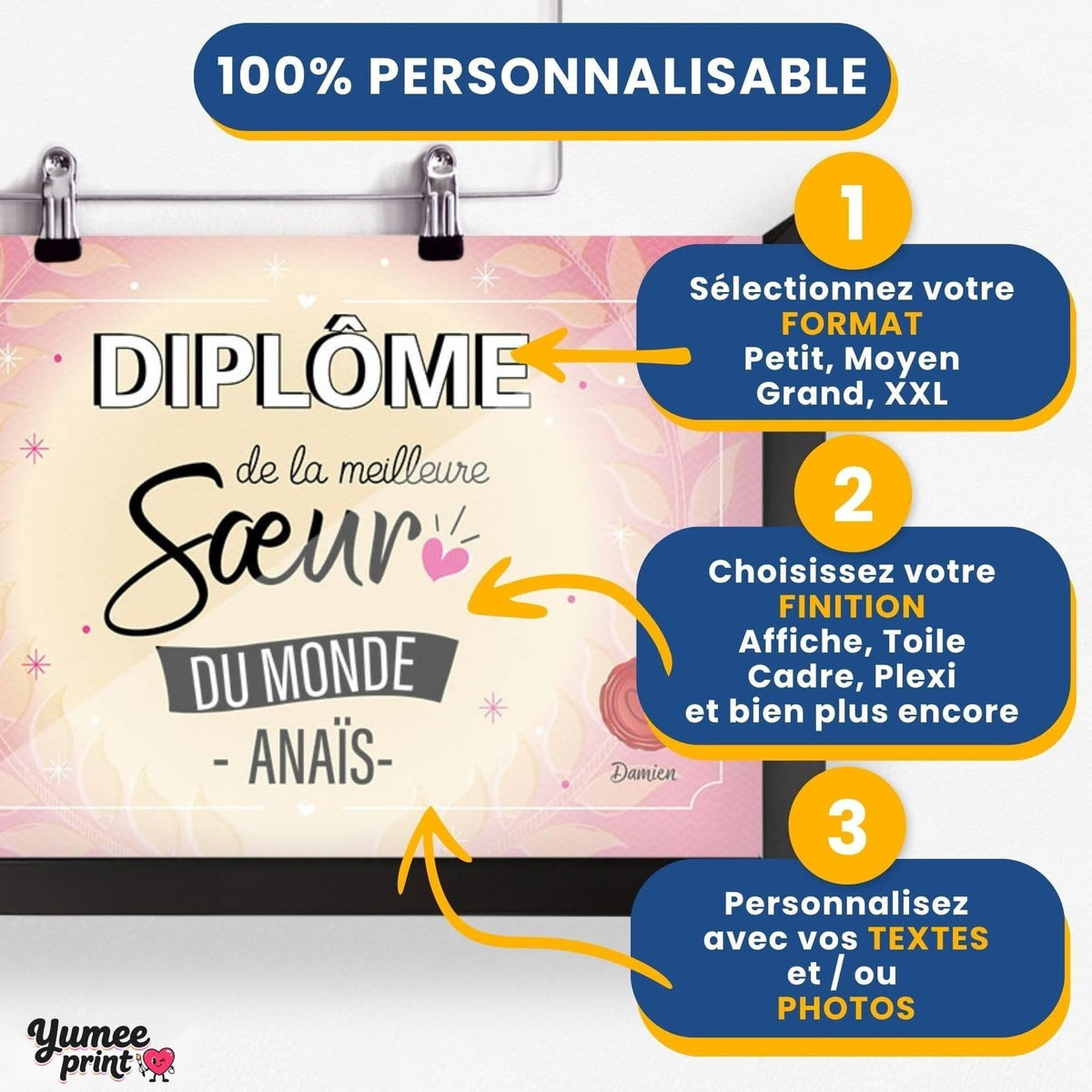 Personnalisez le diplôme « de la meilleure sœur » en trois étapes : format, finition puis textes, avec son prénom et votre signature, imprimé et livré chez vous (exemple)