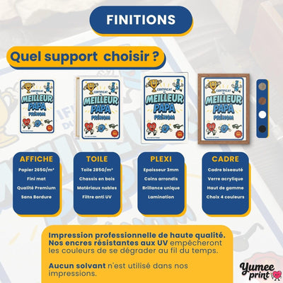 Certificat du meilleur papa en quatre finitions : affiche (poster), toile canvas, plexiglas ou cadre ; le cadre existe en noir, blanc, bois clair ou bois foncé, livré chez vous (exemple)