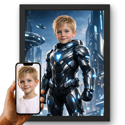 La photo de votre enfant devient un héros high-tech, son visage gardé, armure aux lumières bleues, en cadre noir ; aussi en affiche (poster), toile canvas ou plexiglas, livré chez vous (exemple)