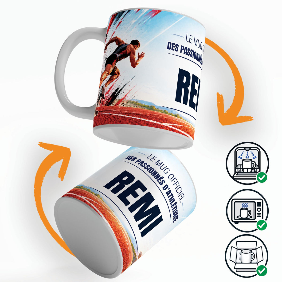 Mug athlétisme personnalisé qui tourne sur lui-même, avec trois pictogrammes : lave-vaisselle, micro-ondes et mug calé dans son emballage pour la livraison chez vous (exemple)