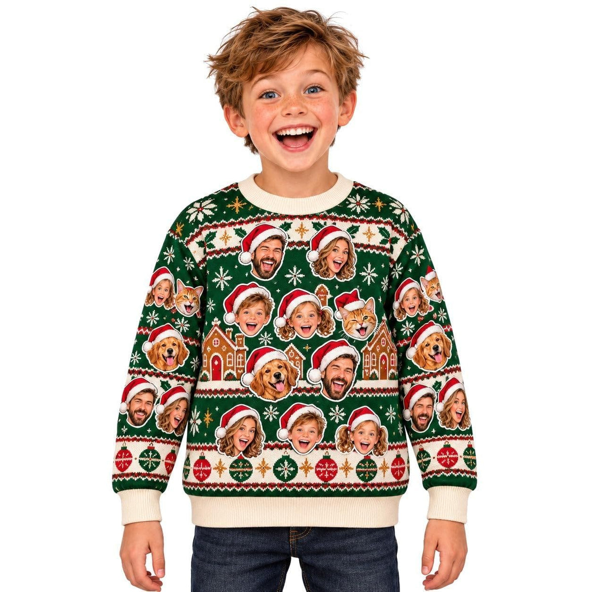 Sweat de Noël moche enfant vert sapin personnalisé : vos photos deviennent des visages coiffés d'un bonnet rouge, parmi des maisons en pain d'épices et des boules, imprimé et livré chez vous (exemple)