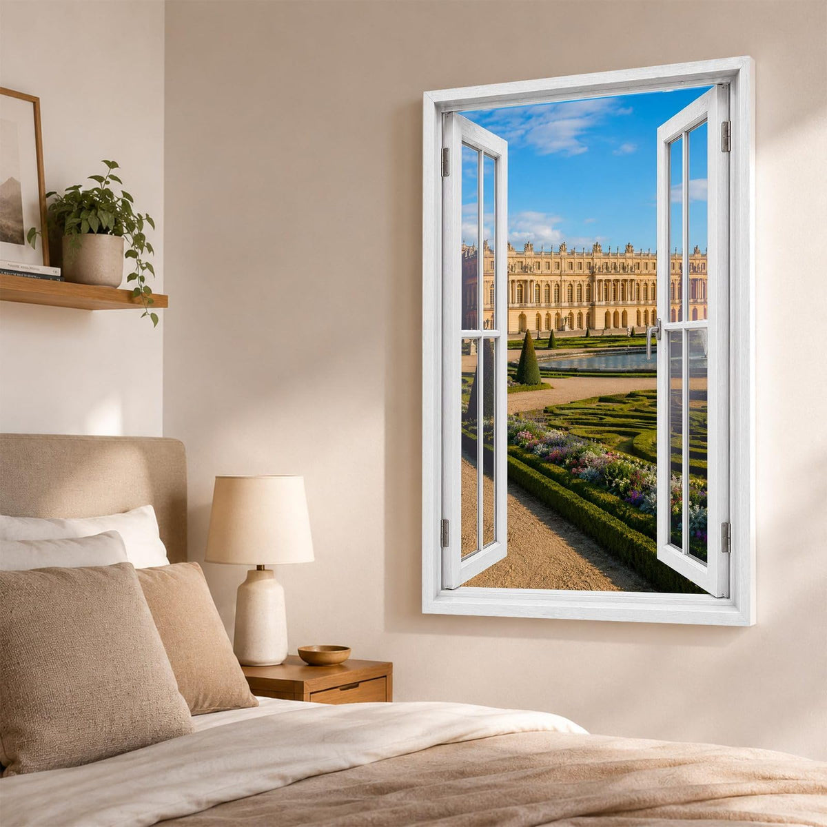 Trompe-l'œil sur Versailles dans une chambre, château et jardins en perspective, sur toile canvas ou plexiglas en 60 x 40 cm, 80 x 60 cm ou 120 x 80 cm, livré chez vous (exemple)
