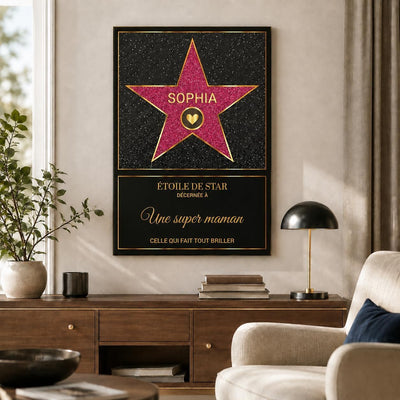 Étoile rose pailletée façon Walk of Fame accrochée au salon, à son prénom avec votre message, imprimée et livrée chez vous en affiche (poster), toile canvas, cadre ou plexiglas (exemple)